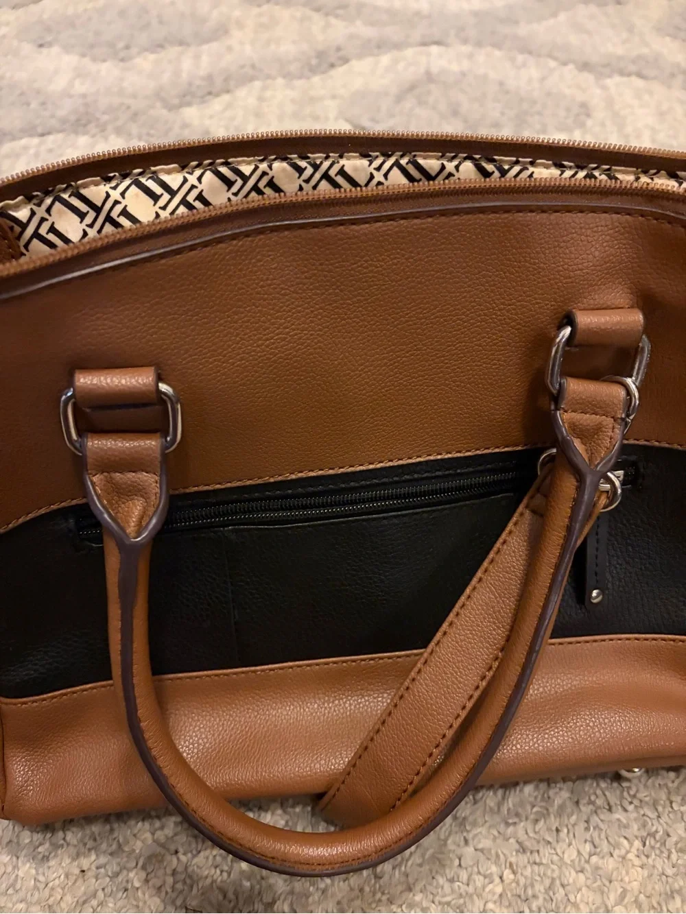 Two-Tone Tignanello leather Black and Brown Structured Satchel Bag